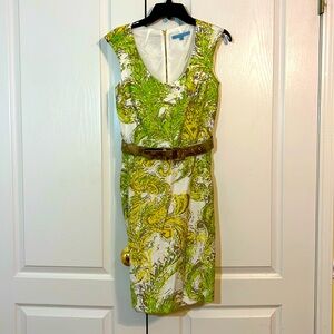 ANTONIO MELANI Lime and Cream Patterned Dress With belt Sz 2 EUC